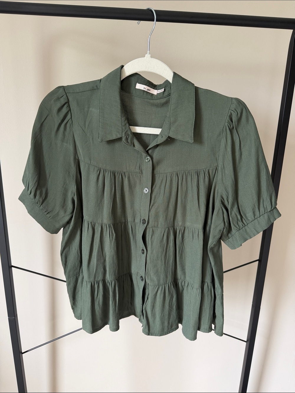Mi Ami Olive Green Tiered Button-Front Blouse